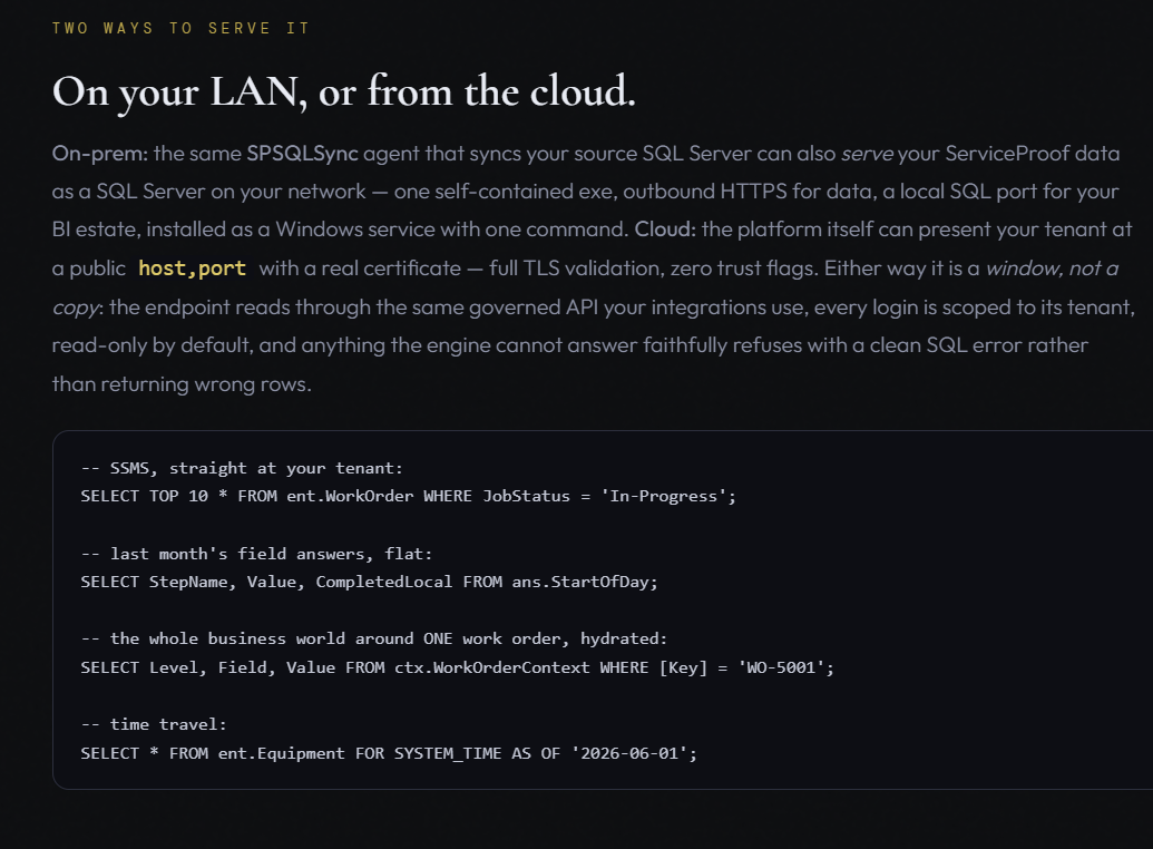 Field data queried live from a BI tool as ordinary SQL tables